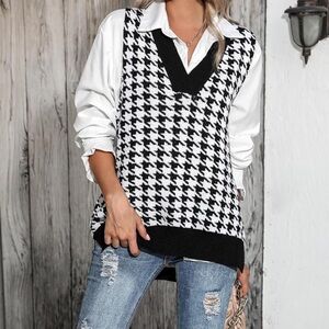 Black and White Houndstooth Sweater Vest
